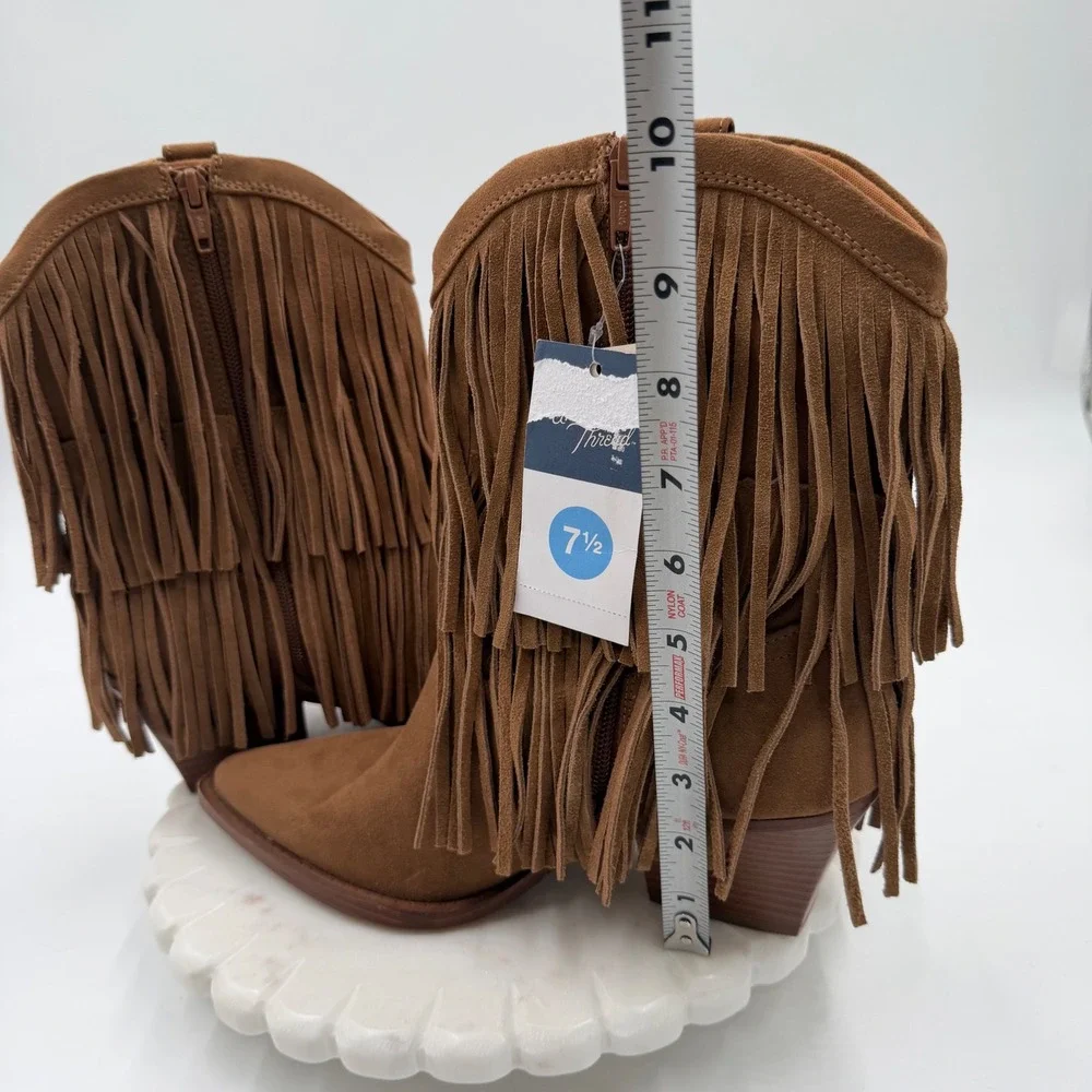 Universal Thread Austin Fringe Western Boots Cognac Brown Faux Suede Womens 7.5